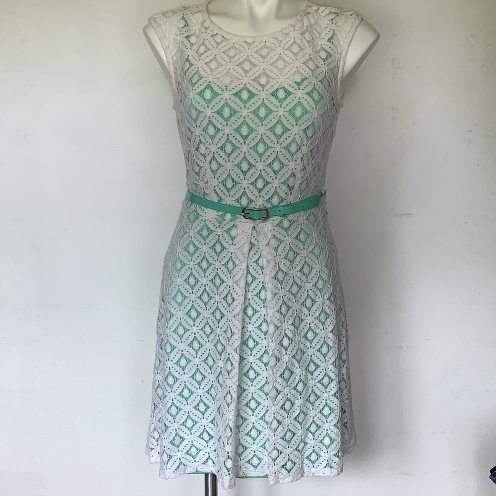 Mint Green Dress with White Lace Overlay